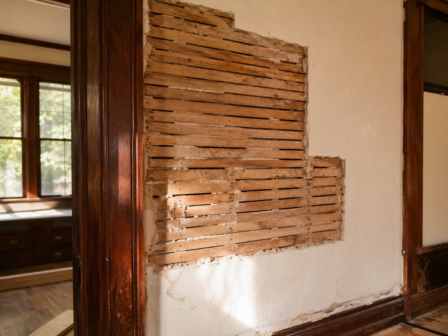 Exposed wood lath in a plaster wall of an older Portland home