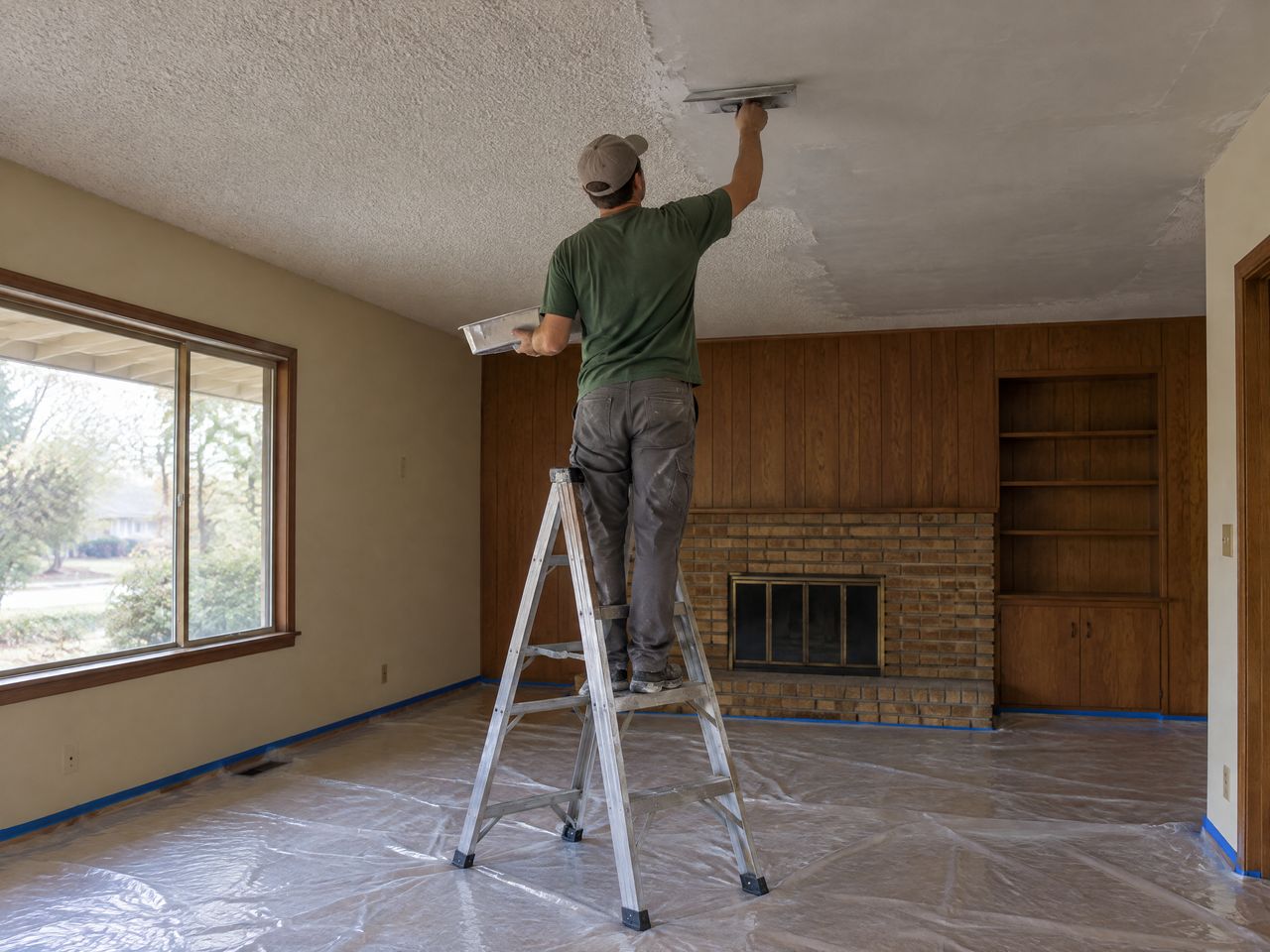 Skim-coating over a popcorn ceiling from a stepladder, with plastic covering the floor